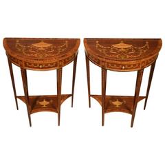 Superb and Rare Pair of Mahogany Inlaid Edwardian Period Antique Demilune Table