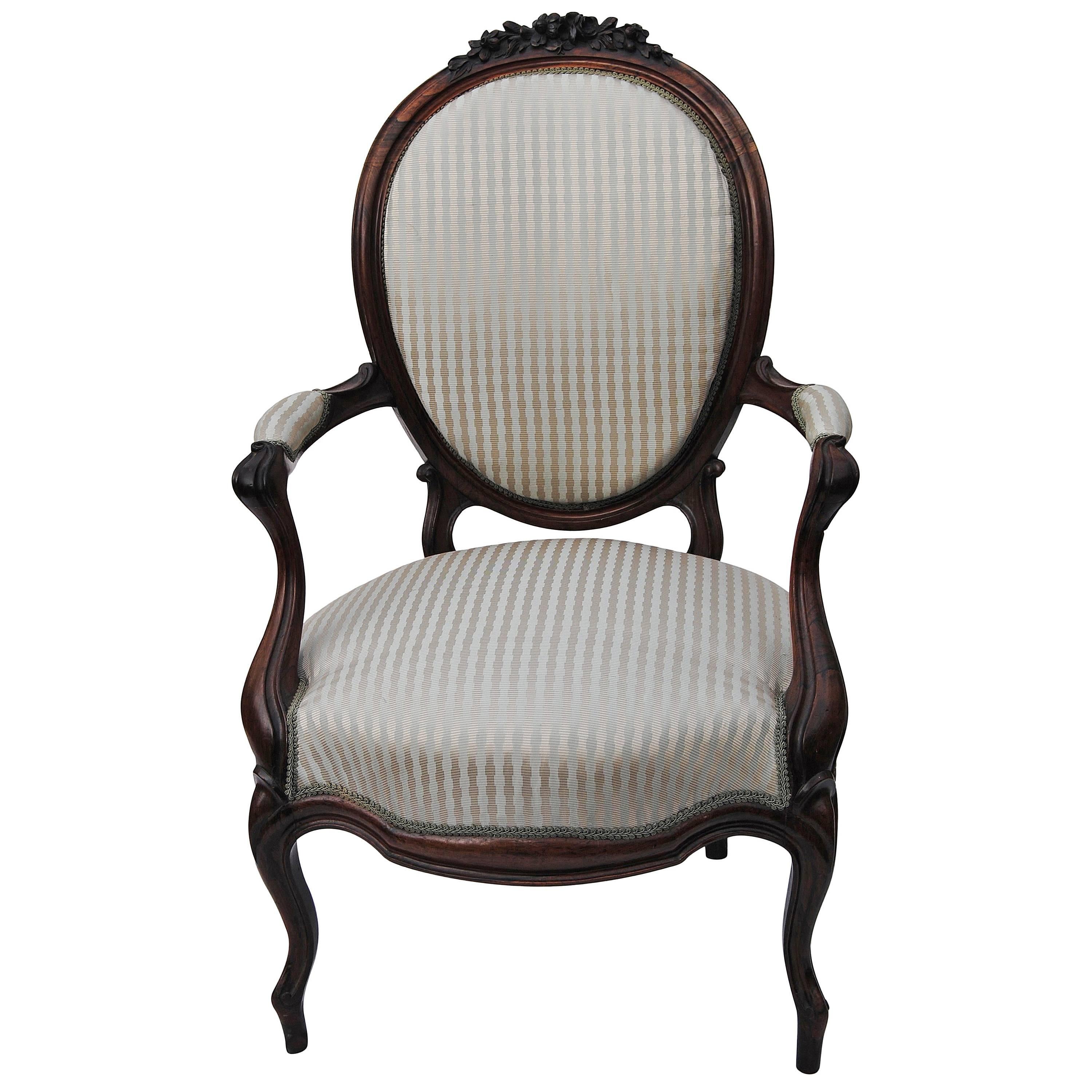 Antique European Rosewood Chair, Newly Upholstered in Scalamandre Silk Stripe For Sale