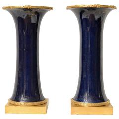 Pair of Ormolu Mounted Powder Blue Chinese Kangxi Trumpet Vases
