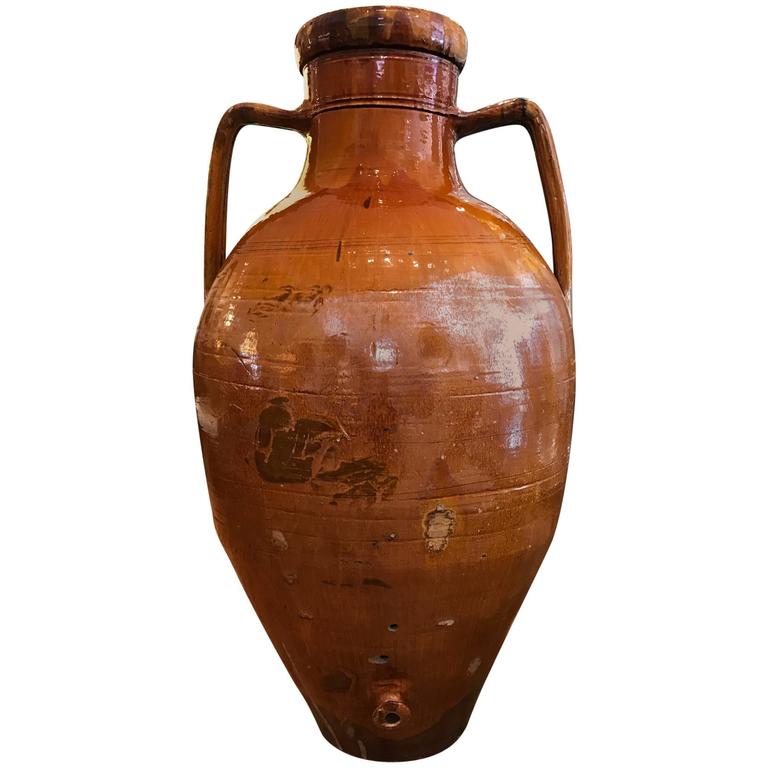 Glazed Terra Cotta Italian Amphora Form Olive Oil Vessel For Sale at