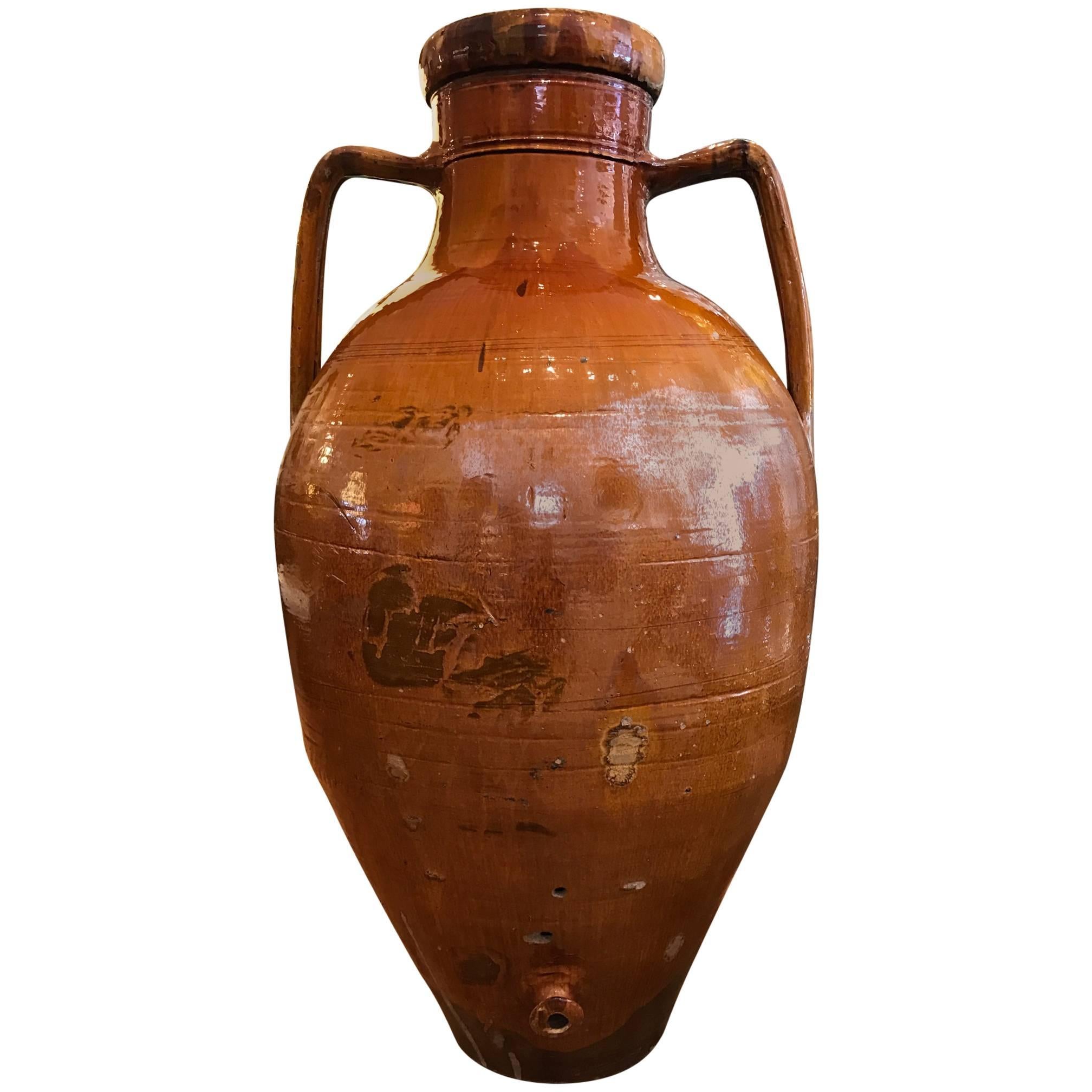 Monumental Glazed Terra Cotta Italian Amphora Form Olive Oil Vessel