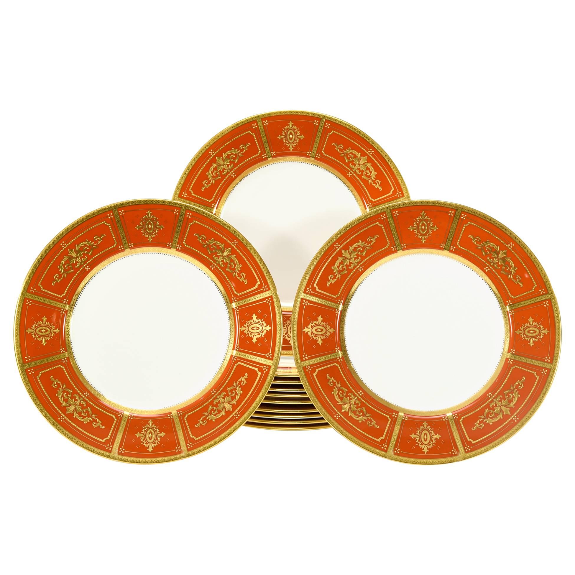 Set of 12 Minton Orange Dinner Plates with Neoclassical Raised Paste Gold