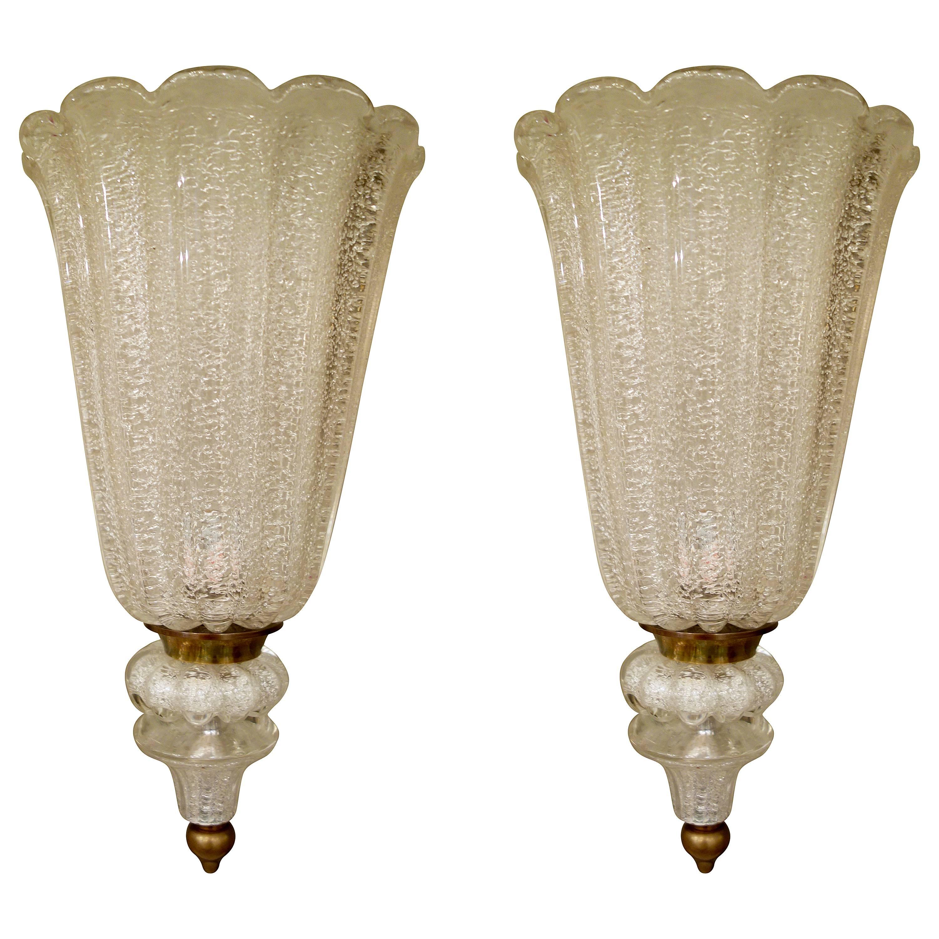 Large Pair of Mid-Century White Murano Glass Sconces