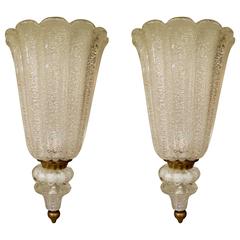 Vintage Large Pair of Mid-Century White Murano Glass Sconces