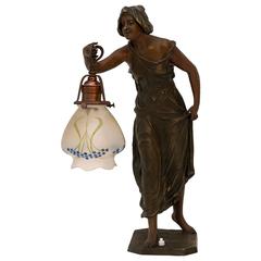 Beautiful Jugendstil Figurine Table Lamp with Glasshade