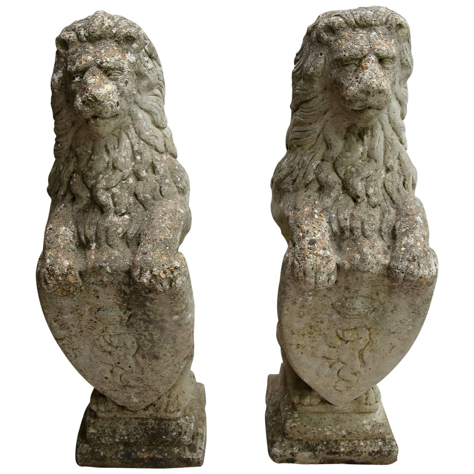 Pair of Tall Composite Stone English Lions Rampant For Sale