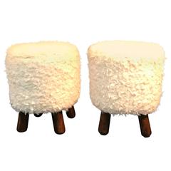 Gorgeous Pair of Faux Sheepskin Stools with Wooden Legs