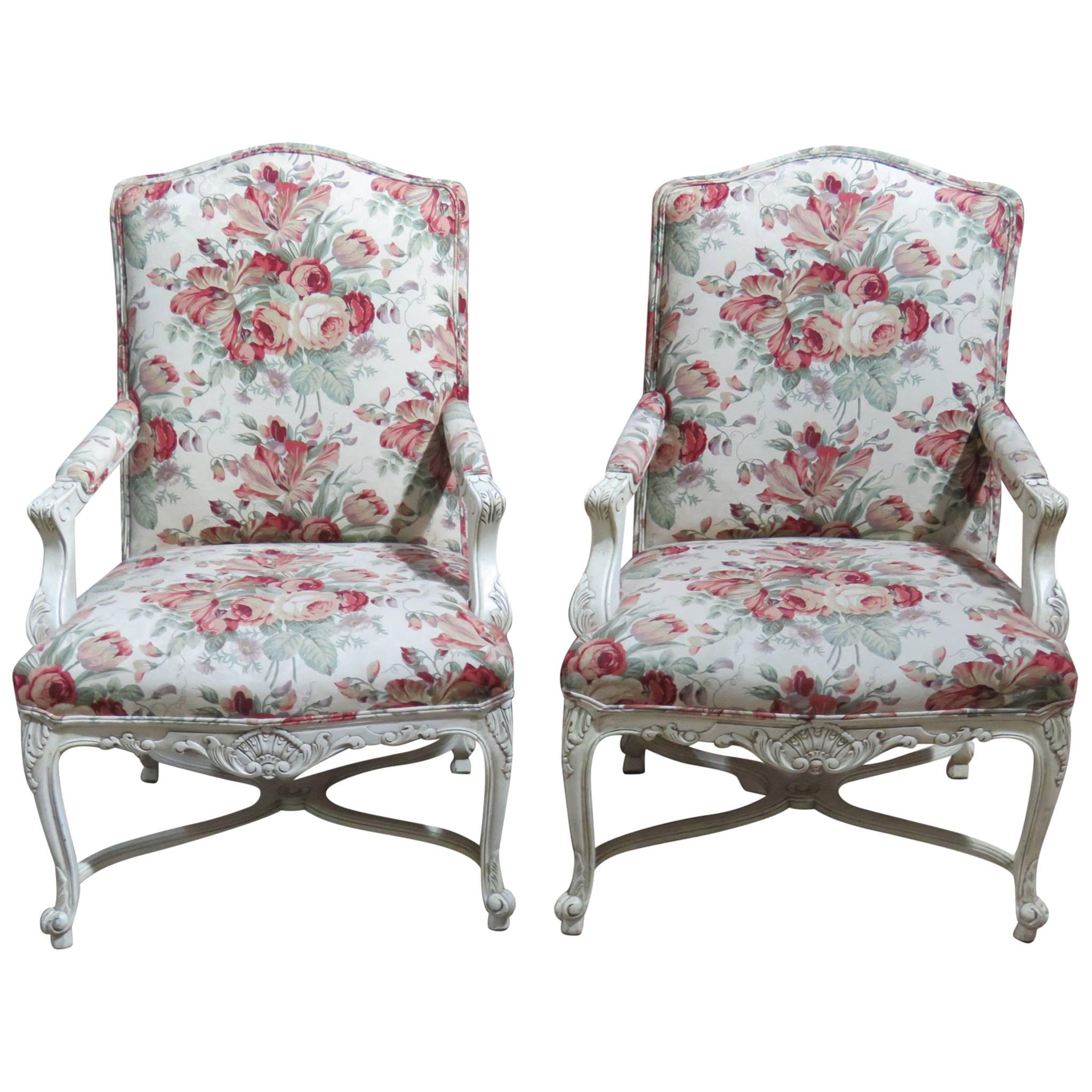 Pair of Louis XVI Style Cream Painted Upholstered Fauteuils Bergere Arm Chairs