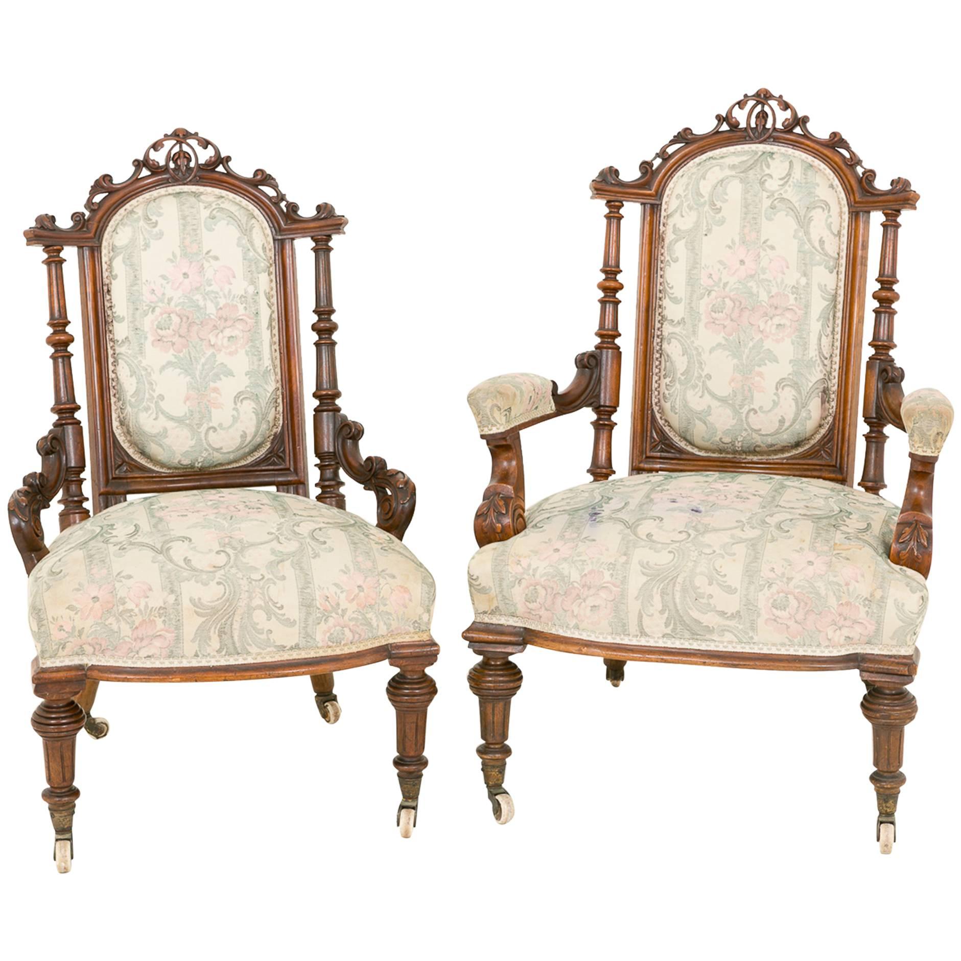 Pair of Victorian Walnut His and Hers Salon Chairs For Sale