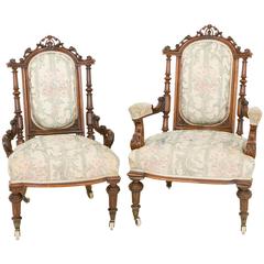 Antique Pair of Victorian Walnut His and Hers Salon Chairs