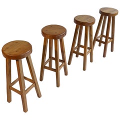 Set of Four Solid Oak Barstools in Style of Pierre Chapo, France, 1960s