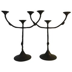Pair of Bronze Giacometti Style Hand Wrought Bronze Three-Arm Candleholders