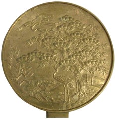 Japan Lovely Antique Hand Mirror in Gilt Bronze with Auspicious Cranes Signed