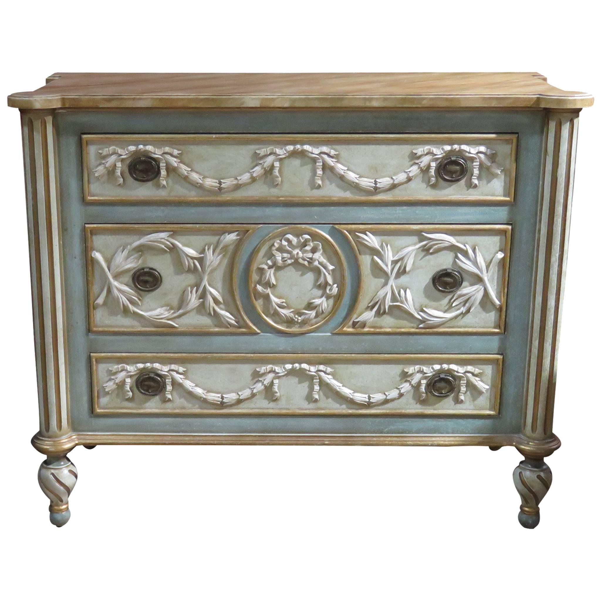 French Style Cream & Turquoise Painted Commode