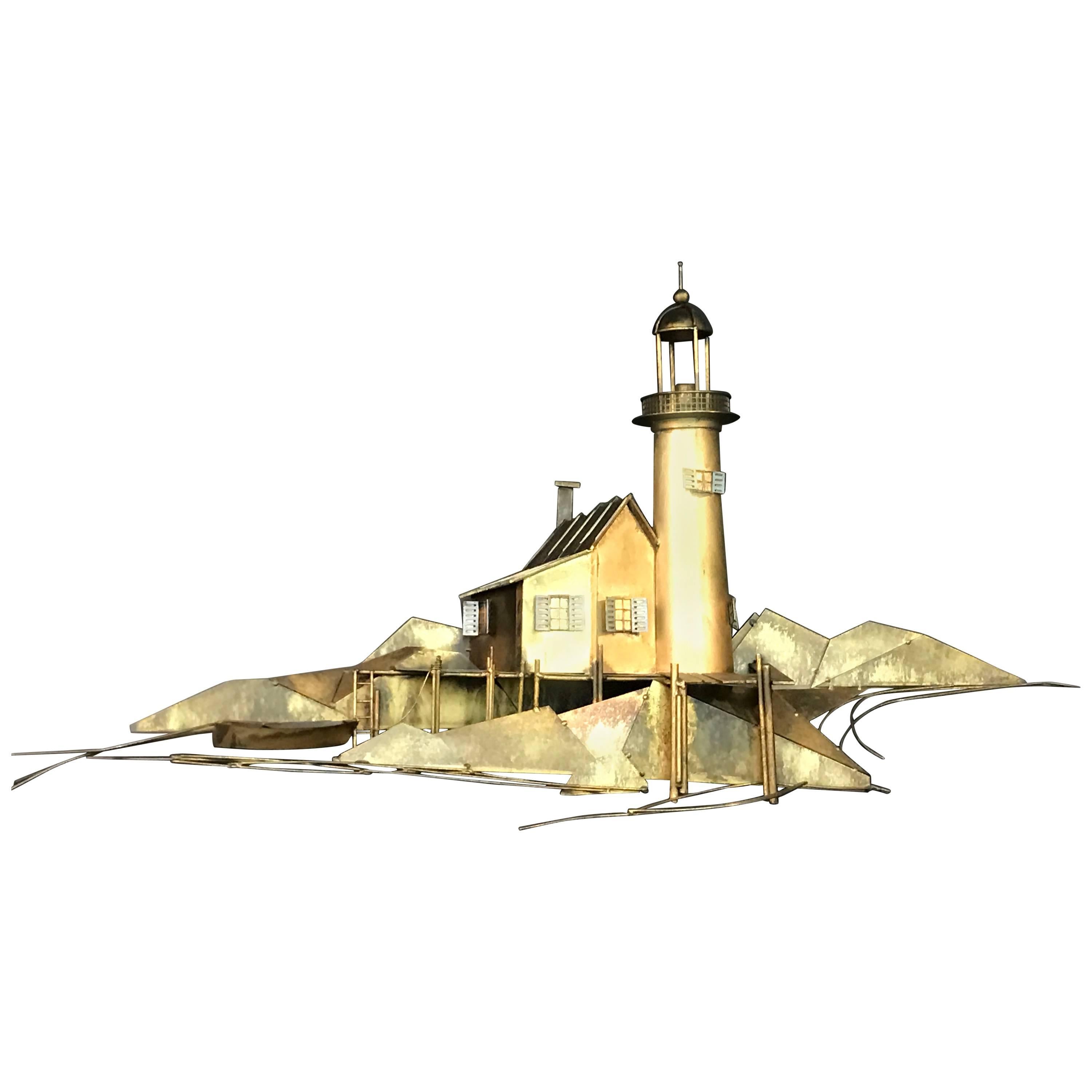 Stunning Curtis Jere Mixed-Metal Wall Sculpture of a Lighthouse & Harbor Scene For Sale