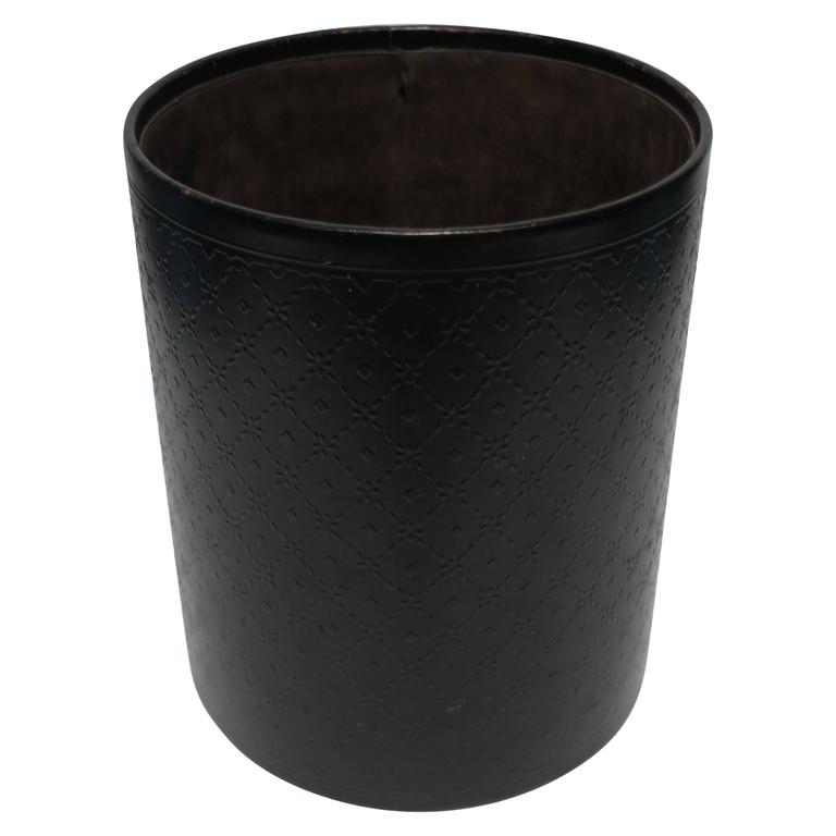 Vintage Italian Black Embossed Leather Wastebasket or Trash Can, Italy ...