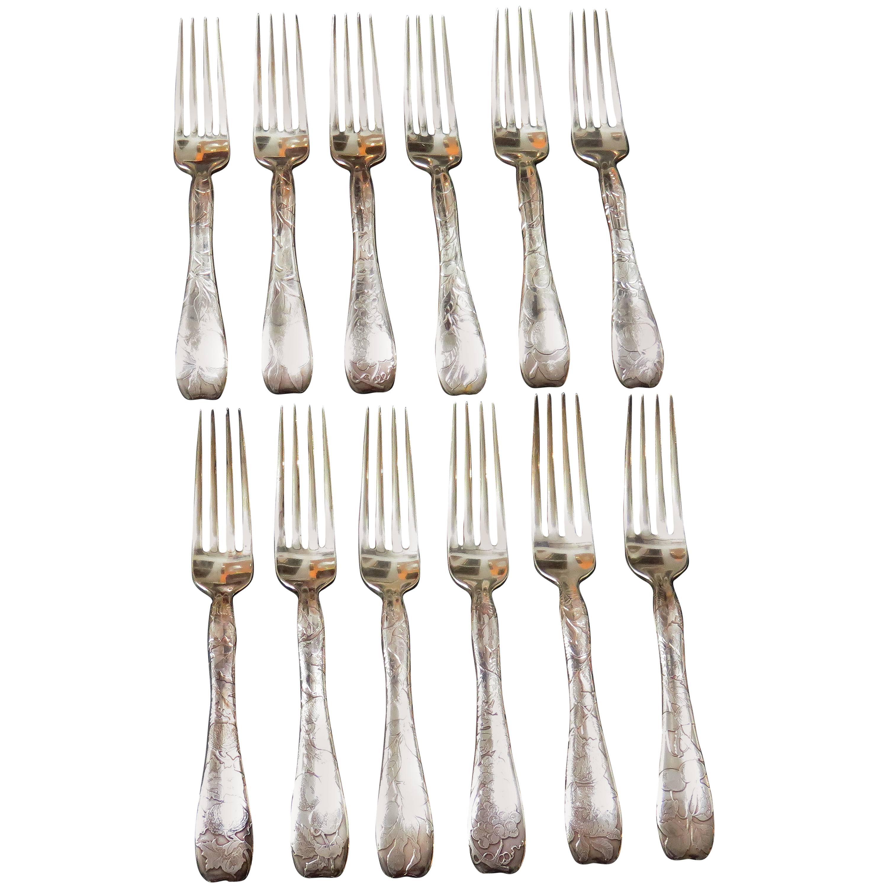 Tiffany & Co. Lap over Edge Acid Etched Lunch Forks, circa 1880 For Sale
