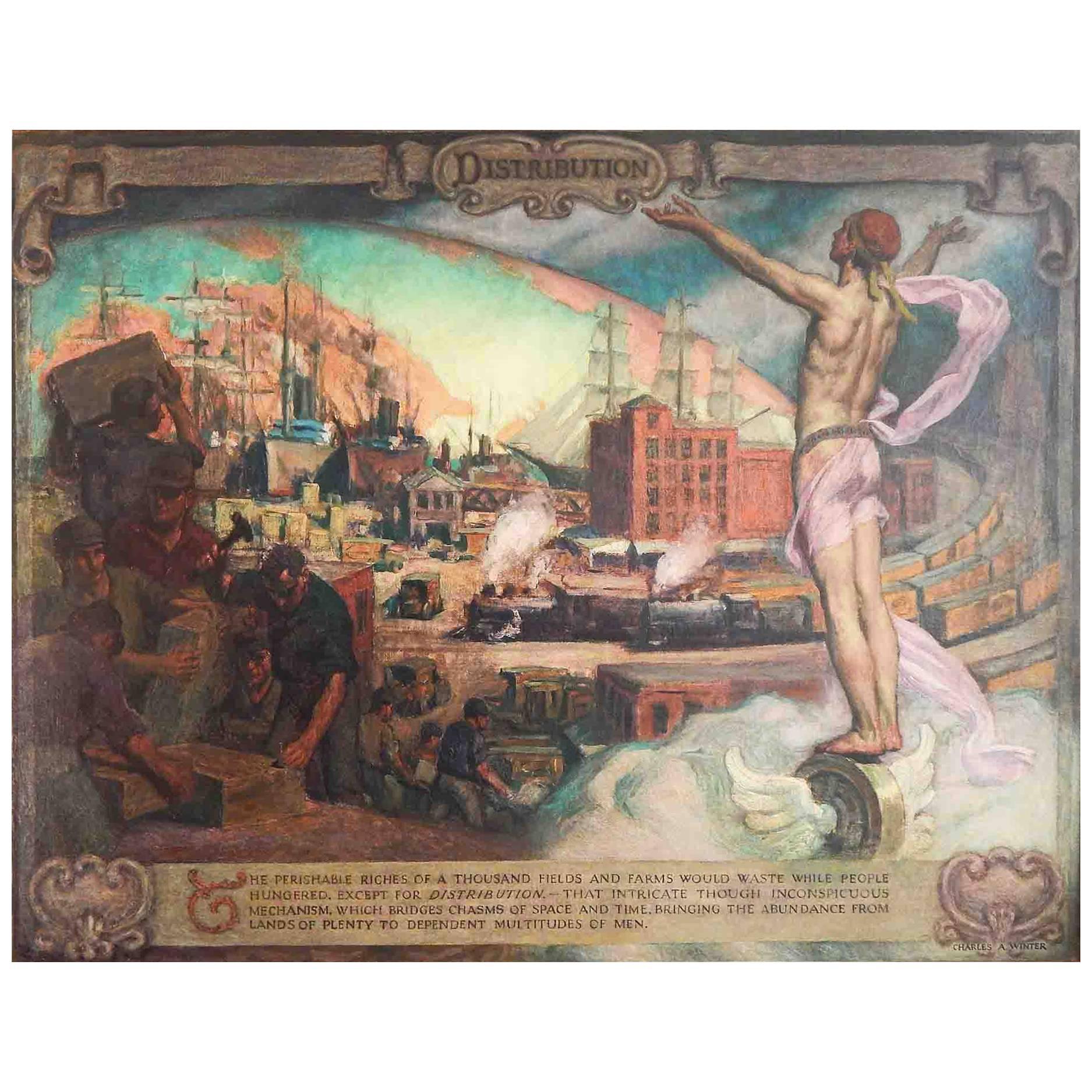 ""Distribution"" fabuleuse, grande fresque murale allégorique Art Déco avec nu masculin en vente