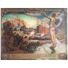 ""Distribution"" fabuleuse, grande fresque murale allégorique Art Déco avec nu masculin
