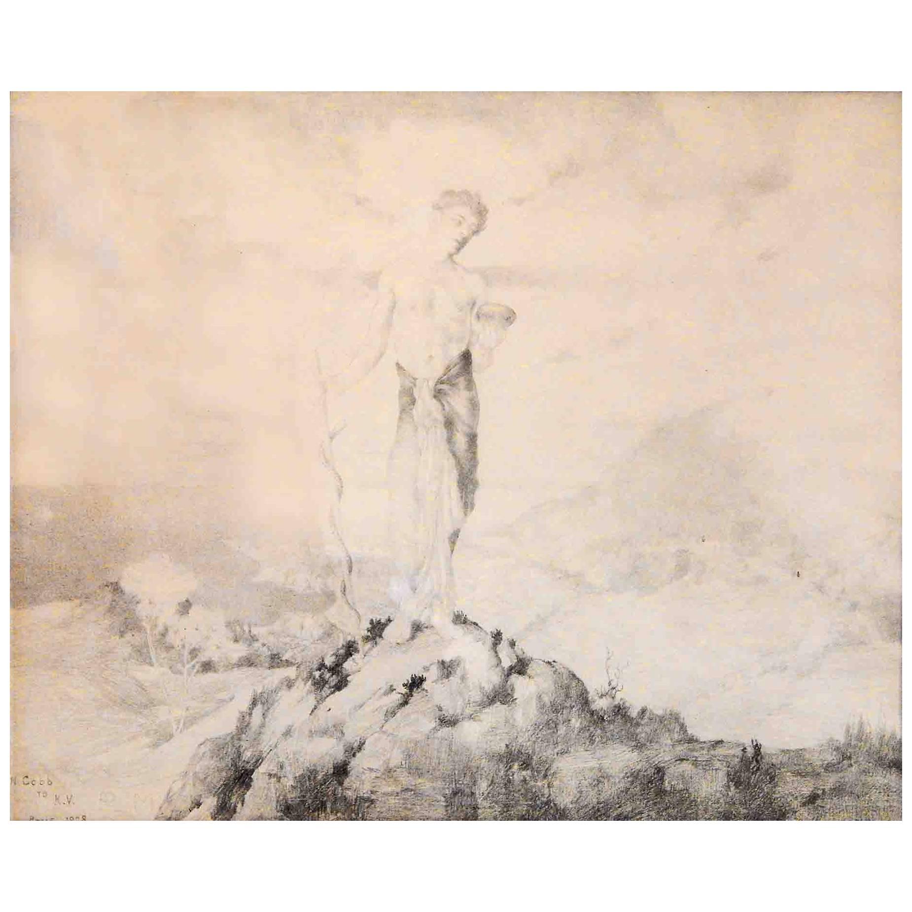 "Mercury on the Mountain, " Ethereal, Beautiful Allegorical Drawing, 1928 For Sale