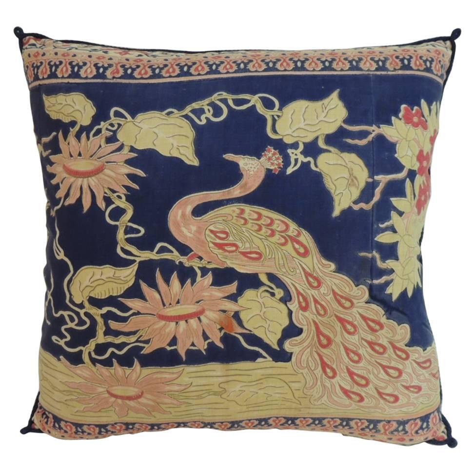 19th Century Indian Hand-Blocked Peacock Decorative Pillow