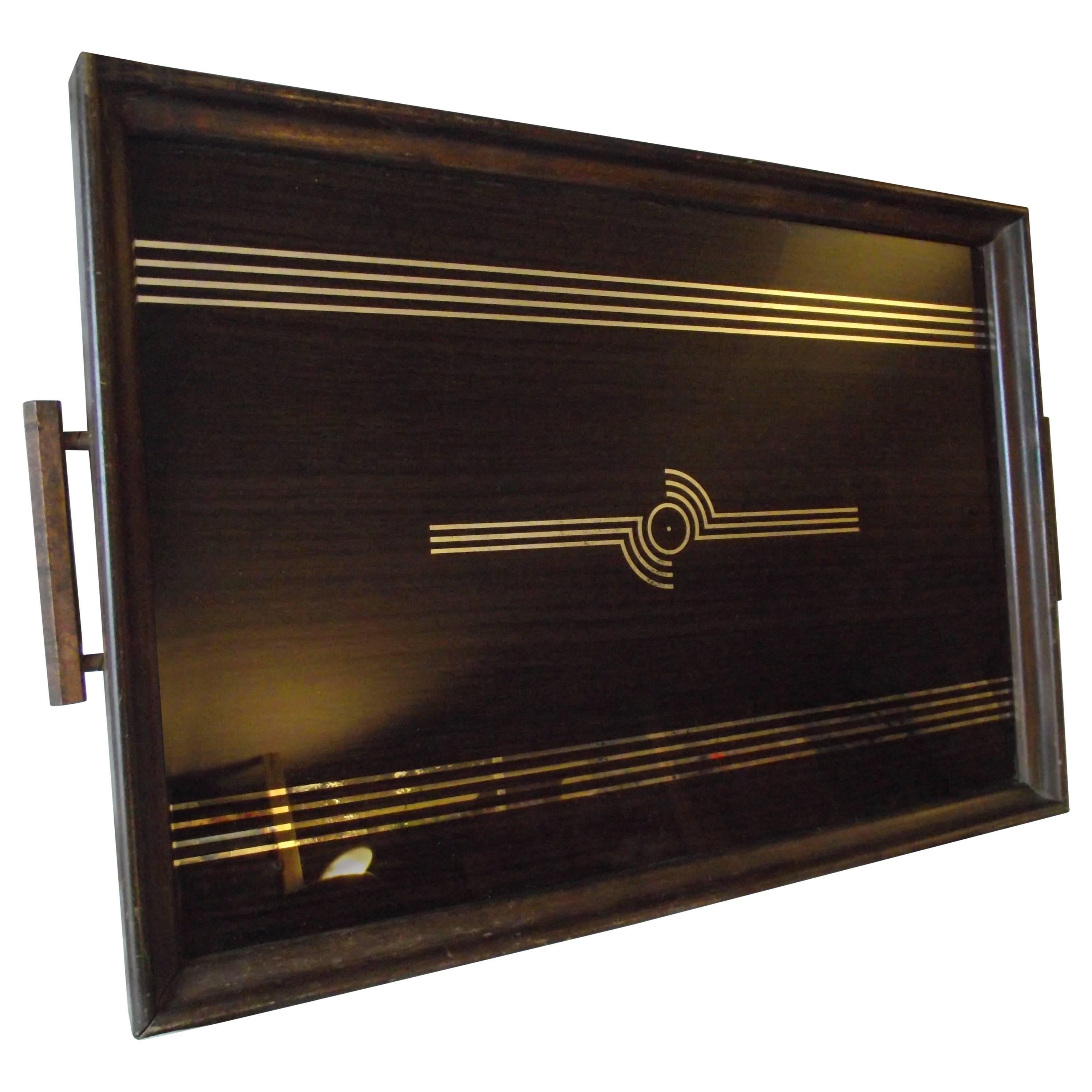 Art Deco Tray with Mirror Silver Design, Serving Tray, Man's Dresser Tray