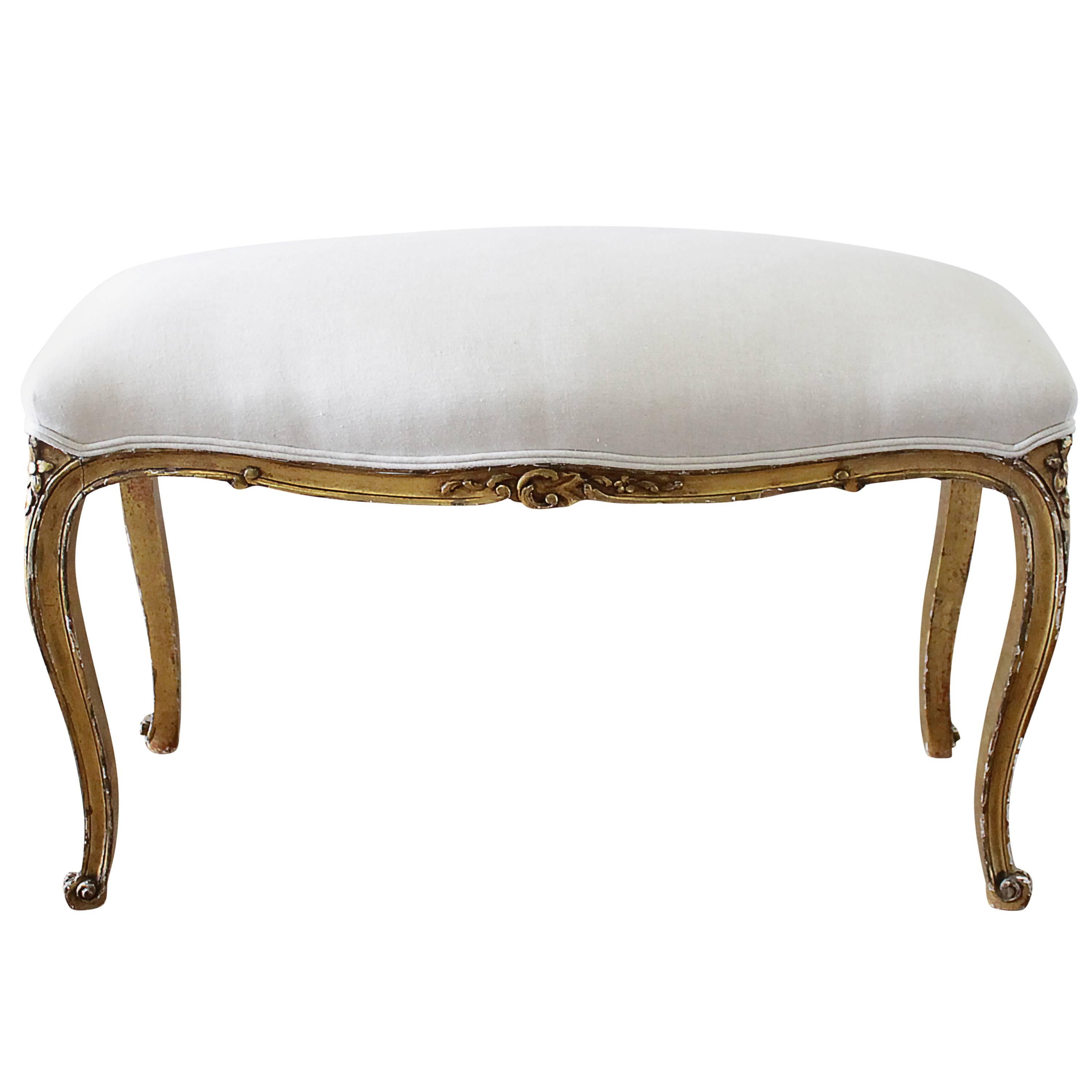 Elegant Carved Louis XV Style Giltwood Bench Upholstered in Linen