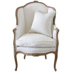 Antique French Louis XV Style Wingback Chair in White Linen