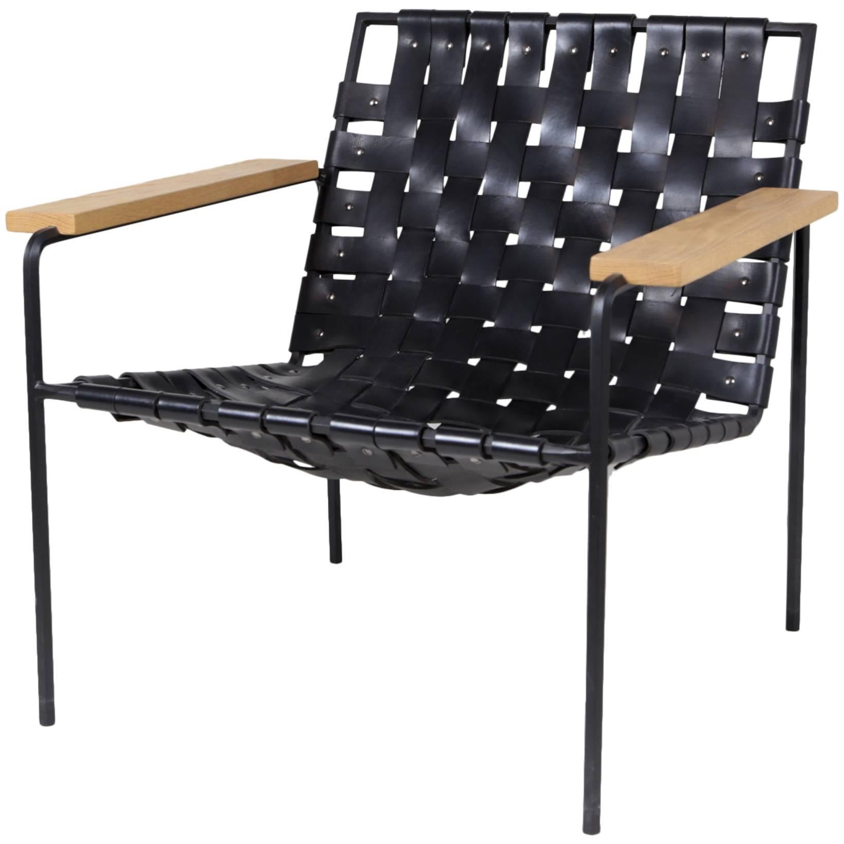 Rod and Weave Chair by Eric Trine, Black Leather and Steel Armchair