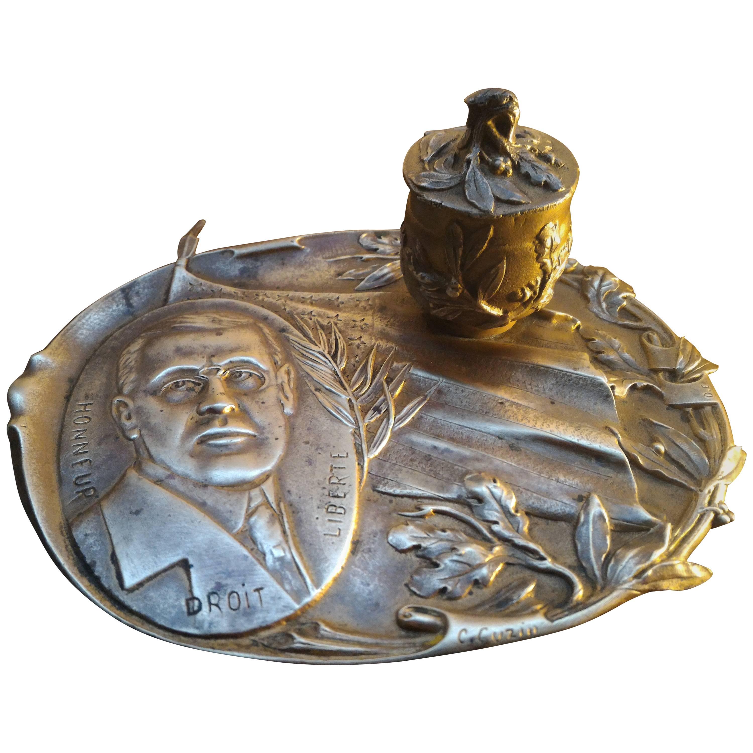 Rare Inkwell , Bronze Art Nouveau USA President Wilson 1st W War, Signed Cuzin