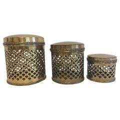 1970s Sarreid Pierced Brass Lidded Canisters, Set of Three 5