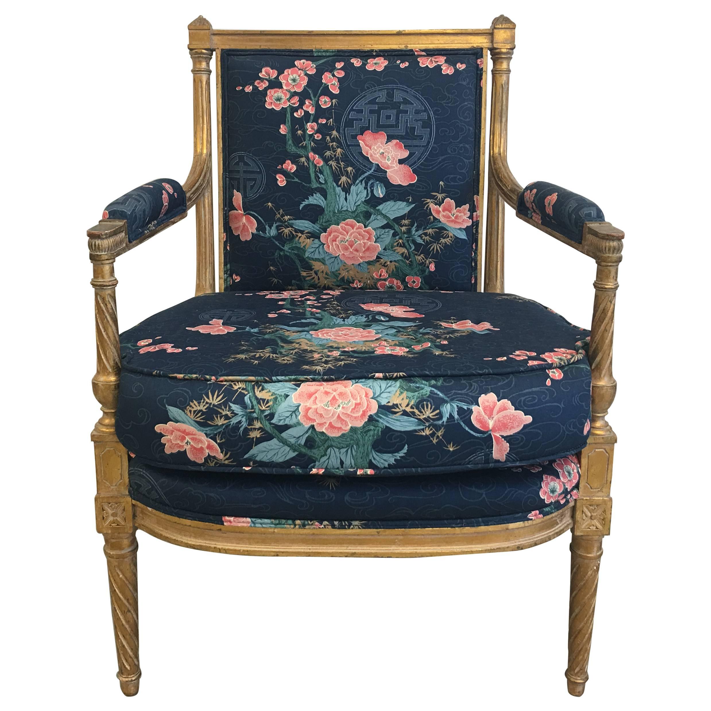1950s Chinoiserie Gilt Armchair with Navy Cherry Blossom Upholstery