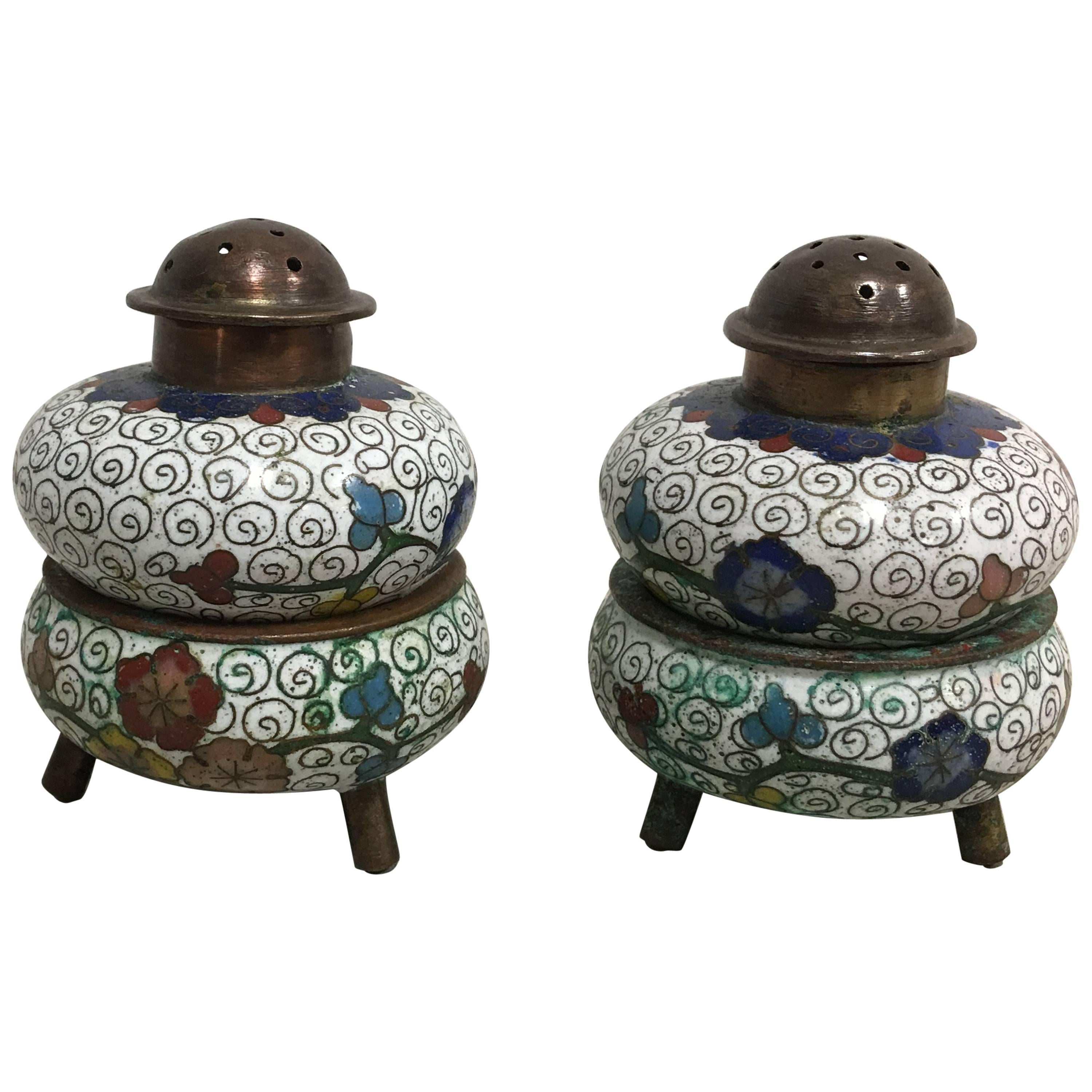 1930s Cloisonné Salt and Pepper Shakers with Stands