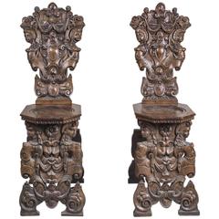 Fanciful and Charming Pair of Carved Hall Chairs