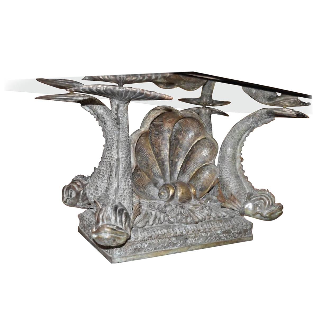 Bronze Neoclassical Coffee Table with Dolphin and Shell Details For Sale