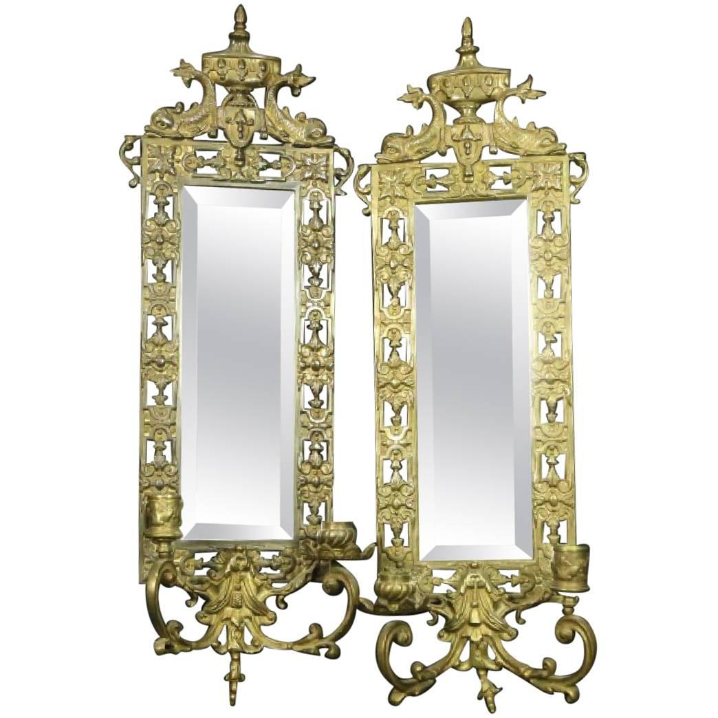 Brass and Mirror Candle Wall Sconces in Neoclassical Design with Dolphins For Sale
