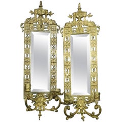 Antique Brass and Mirror Candle Wall Sconces in Neoclassical Design with Dolphins