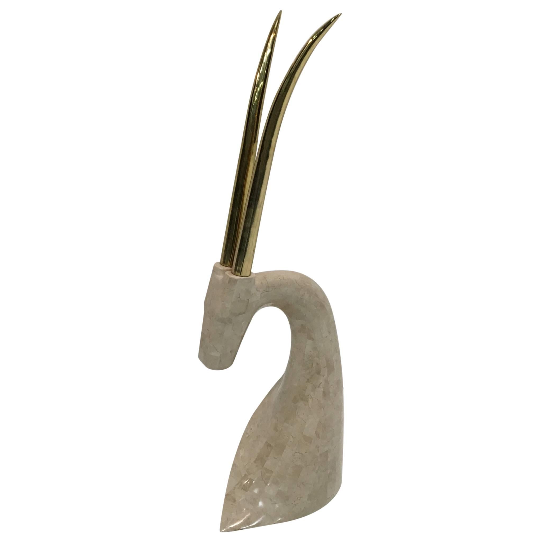 Brass and Travertine Antelope Sculpture by Maitland Smith