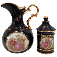 50'S Limoges France Cobalt & 22K Gold Pitcher & Lidded Jar S/3