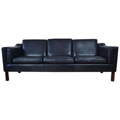 Danish Mogensen Style Black Leather Three Person Sofa, 1970s