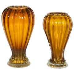 Pair of Italian Vases in Murano Glass Amber and Gold 1990s