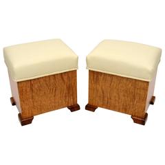 Pair of Antique Swedish Satin Birch and Leather Stools