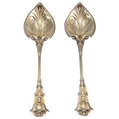 Antique Victorian Pair of Parcel-Gilt Elkington Serving Spoons, London, 1872