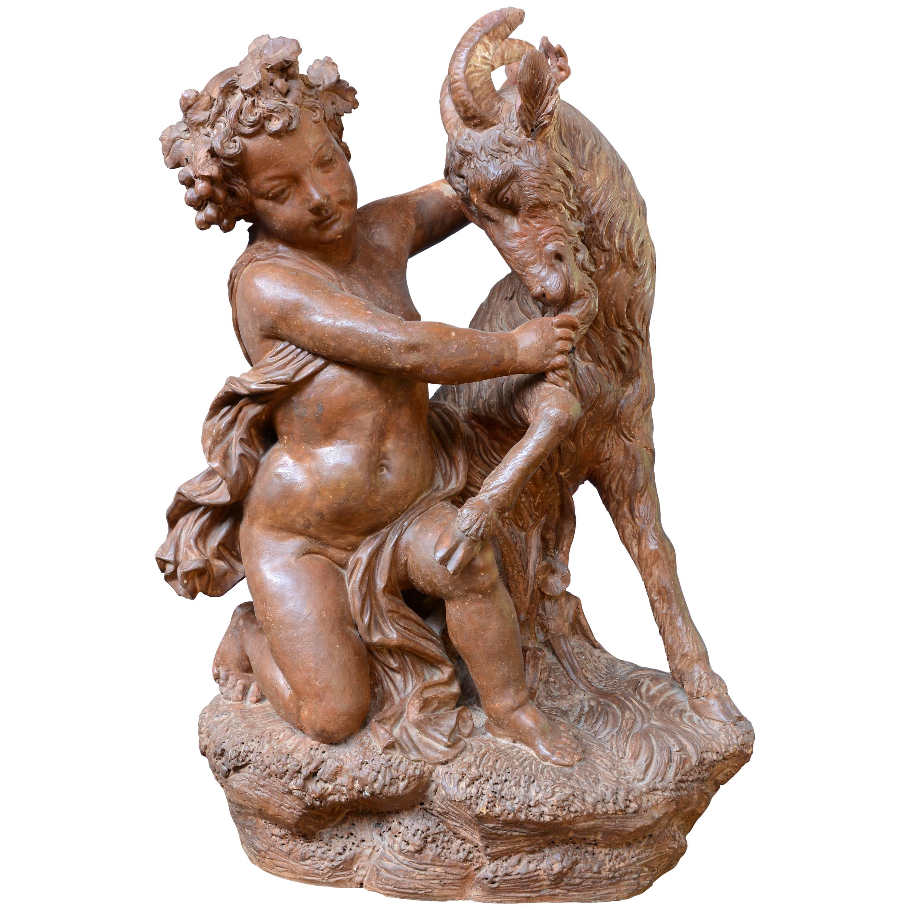 Terracotta Statue of a Small Bacchus and a Goat, 19th Century For Sale