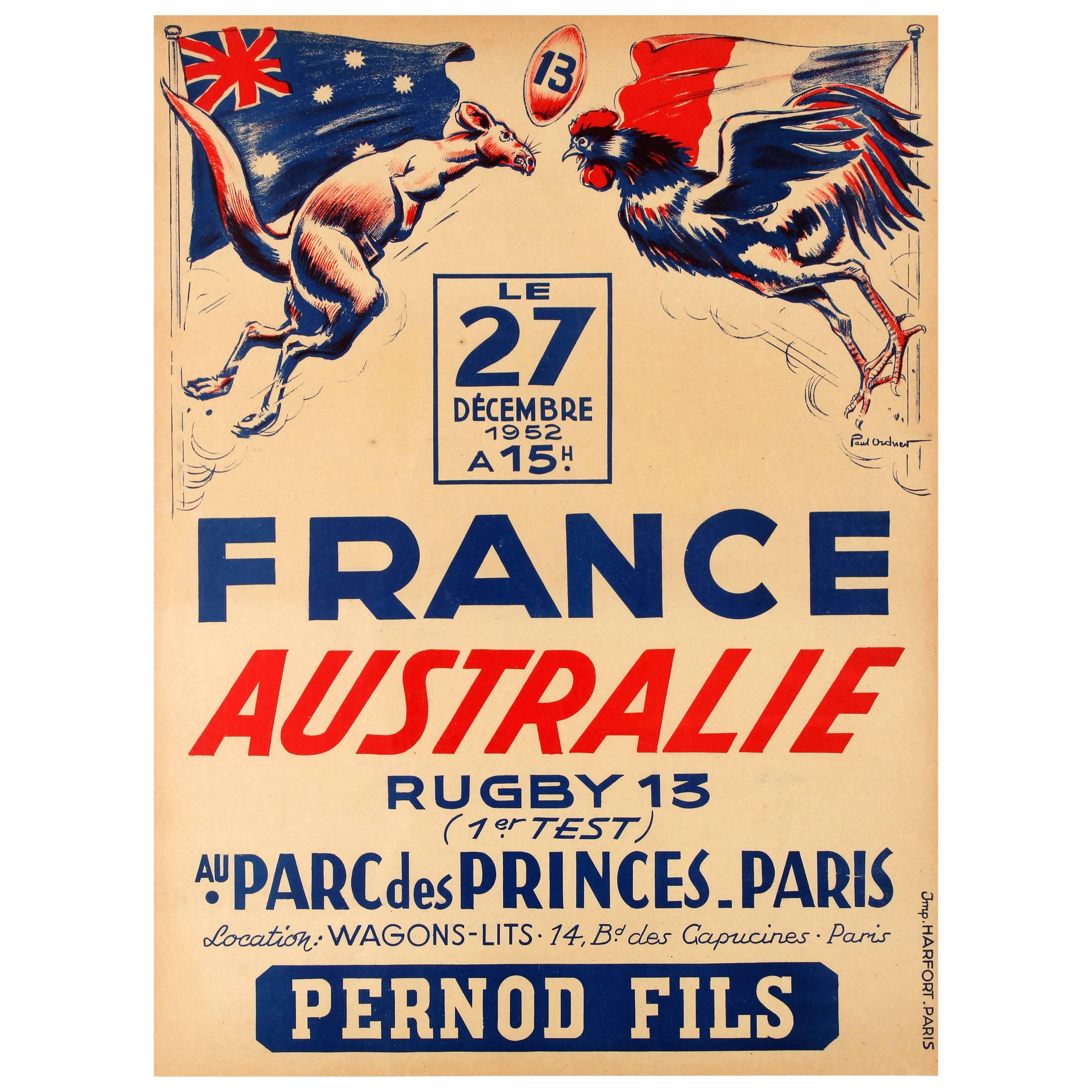 Rare Original Vintage Sport Event Poster France Australia Rugby Test Match Paris