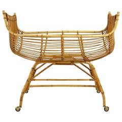 Retro French Rattan and Bamboo Cradle on Wheels, 1960s