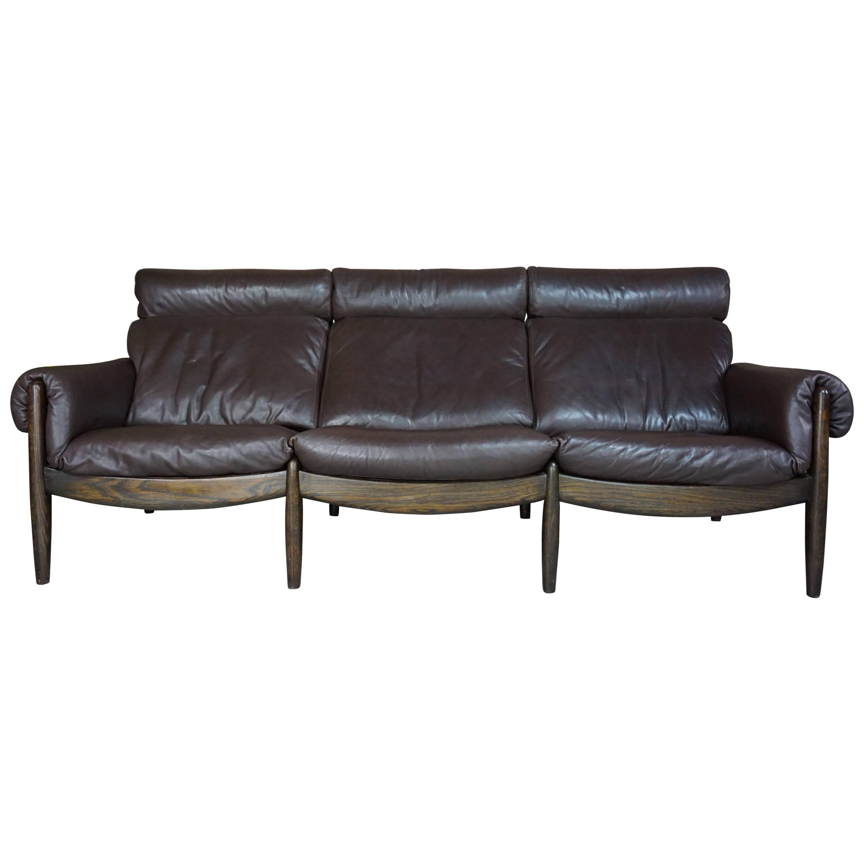 Scandinavian Three-Seat Sofa in Leather and Oak