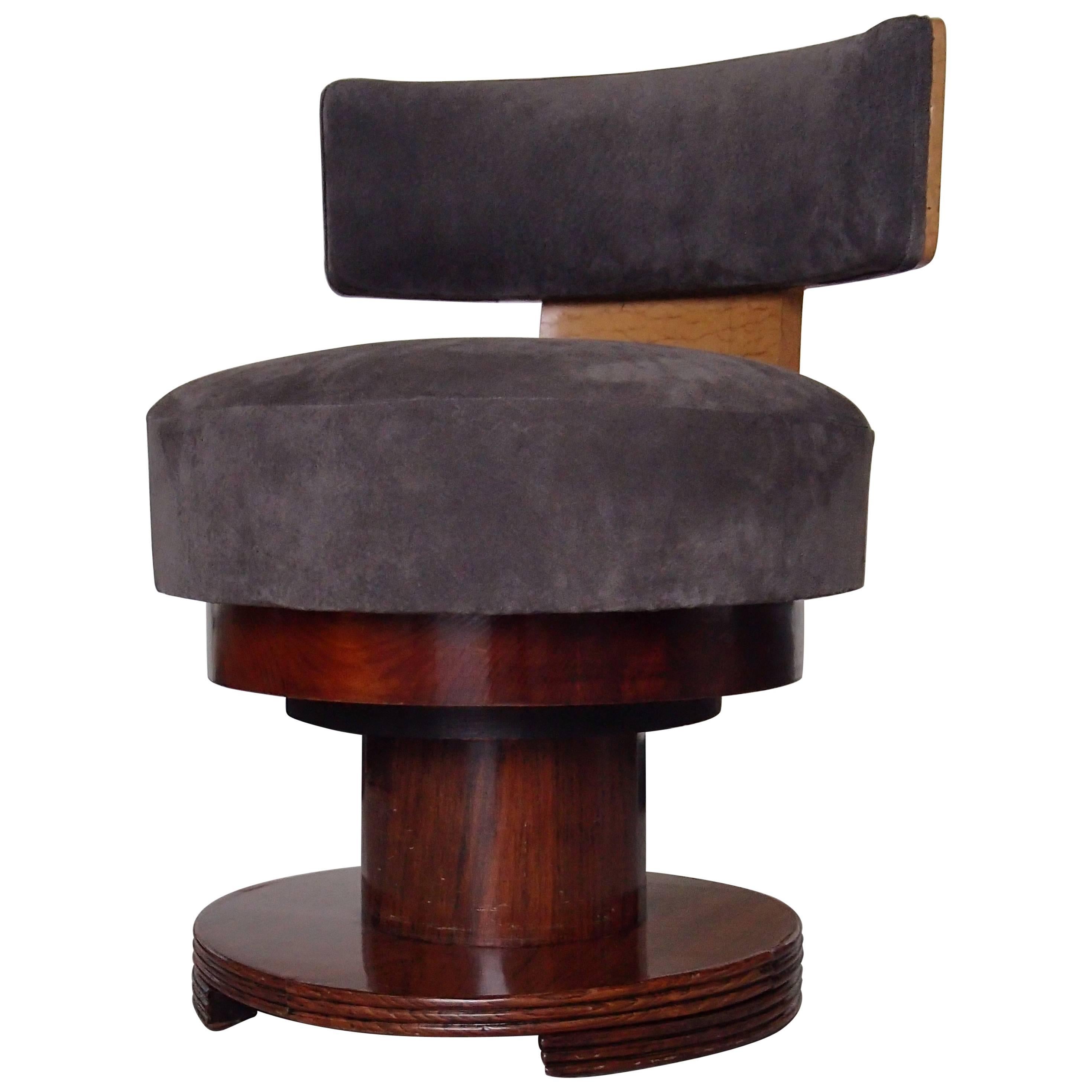Elegant Art Deco Dressing Chair Grey Nubuc  Leather Rose Wood and Maple Eye