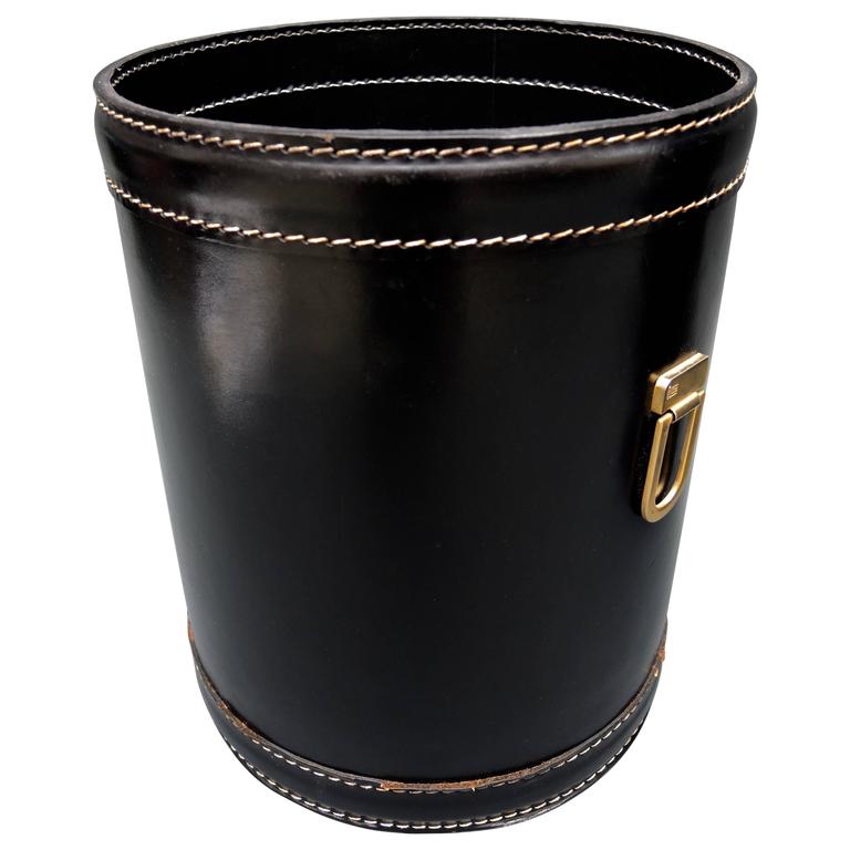 Black Leather MidCentury Modern French Trash Can at 1stDibs
