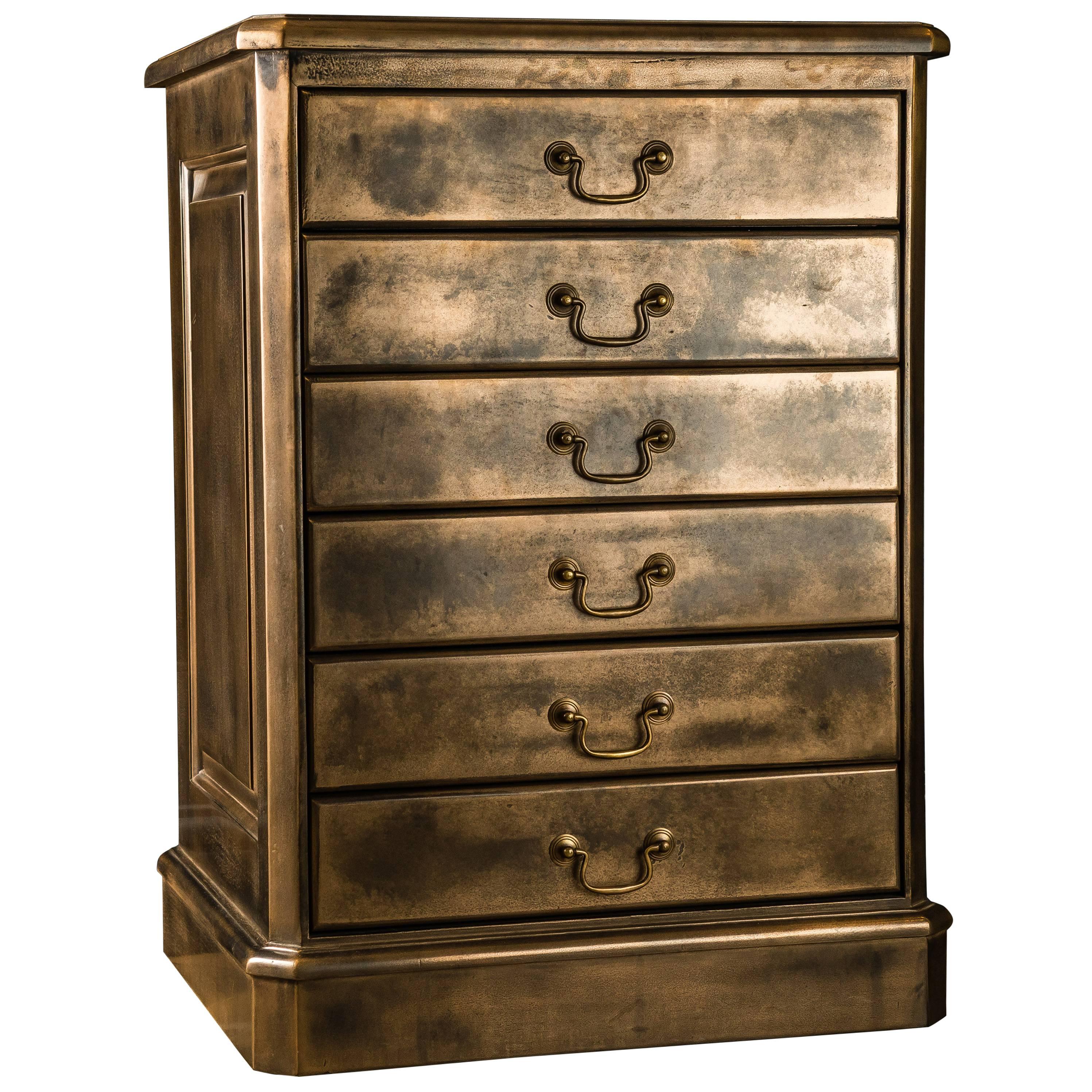 Six-Drawer Music Cabinet with Aged Bronze Metal Finish For Sale